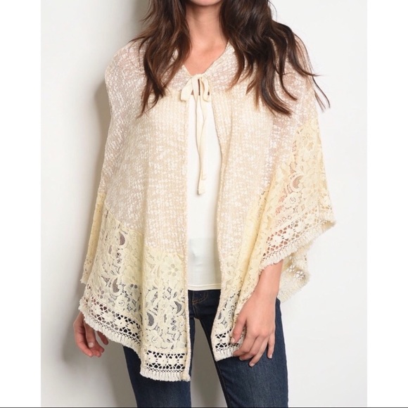 CREAM CROCHET TRIM PONCHO - Picture 3 of 7